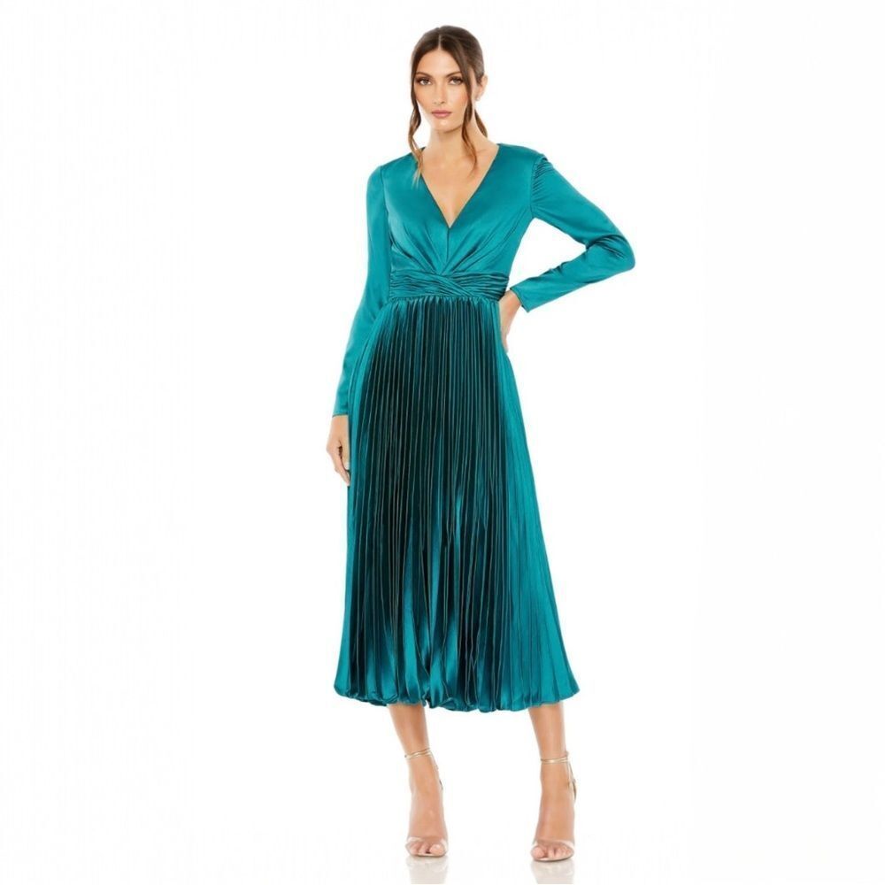 Mac Duggal Turquoise Pleated Midi Dress